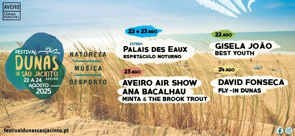 The image shows the official poster/flyer theme for the Festival Dunas de São Jacinto 2025, as published by the Câmara Municipal de Aveiro, Portugal