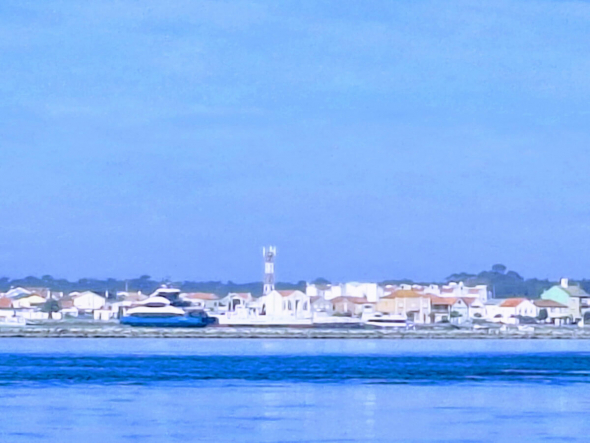 This image, based on a 2024 photo and edited for effect, shows the electrical car ferry Salicórnia approaching the village of São Jacinto, Aveiro, on the Ria de Aveiro estuary.